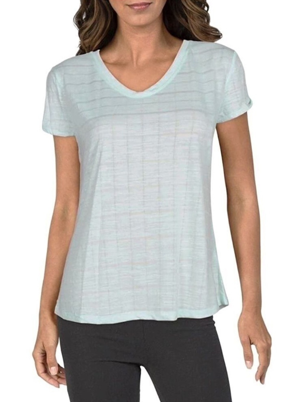 Splendid Bleached Aqua Grid V-Neck Top Active Fitness Workout, Athletic Stretch